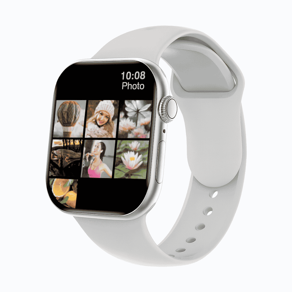 Montre Connectée Apple DT Watch X Mini affichant des photos sur son écran AMOLED.