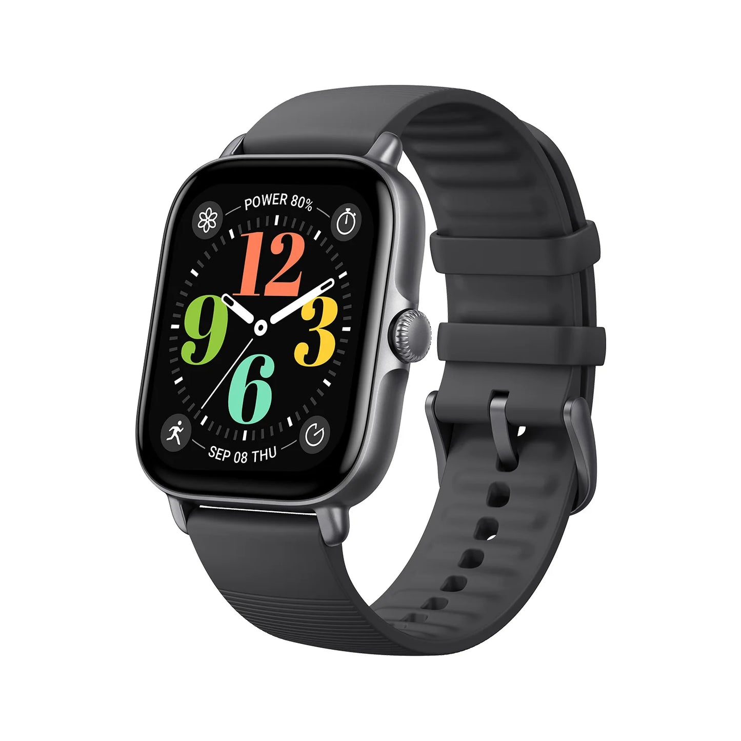Montre connectée Amazfit GTS 4 Mini avec écran AMOLED 1.75'', autonomie 14 jours et bracelet noir.