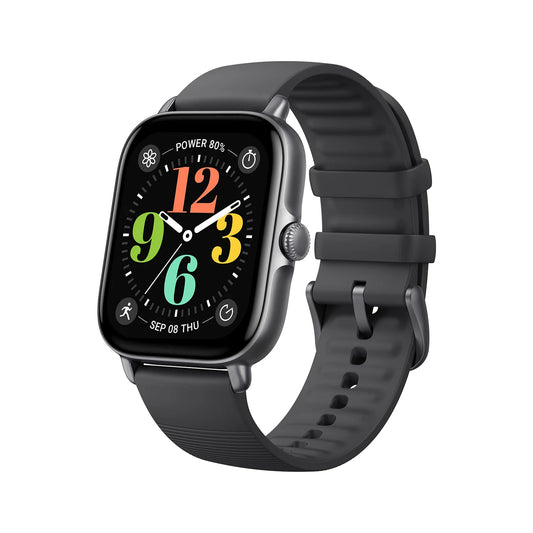Montre connectée Amazfit GTS 4 Mini avec écran AMOLED 1.75'', autonomie 14 jours et bracelet noir.