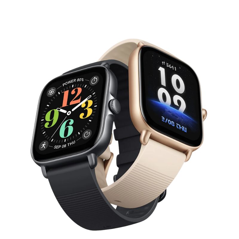 Montre connectée Amazfit GTS 4 Mini en noir et beige avec affichage AMOLED, idéal pour le sport et le quotidien.