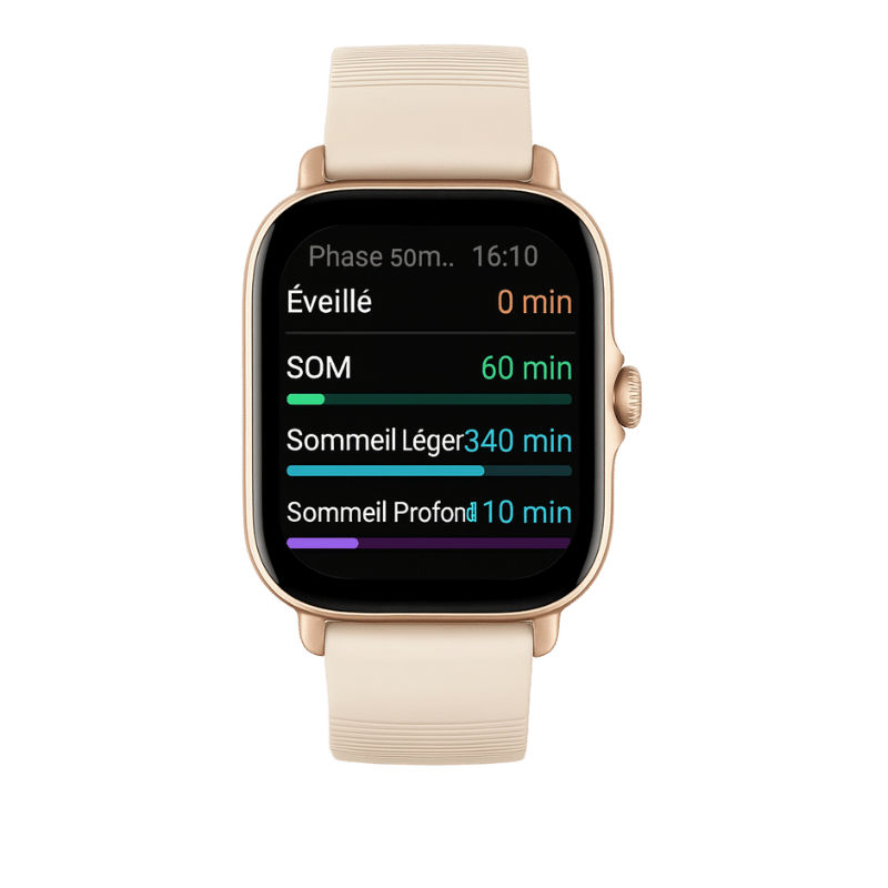 Montre connectée Amazfit GTS 4 Mini affichant des données de sommeil sur son écran AMOLED.