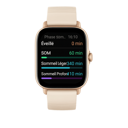 Montre connectée Amazfit GTS 4 Mini affichant des données de sommeil sur son écran AMOLED.