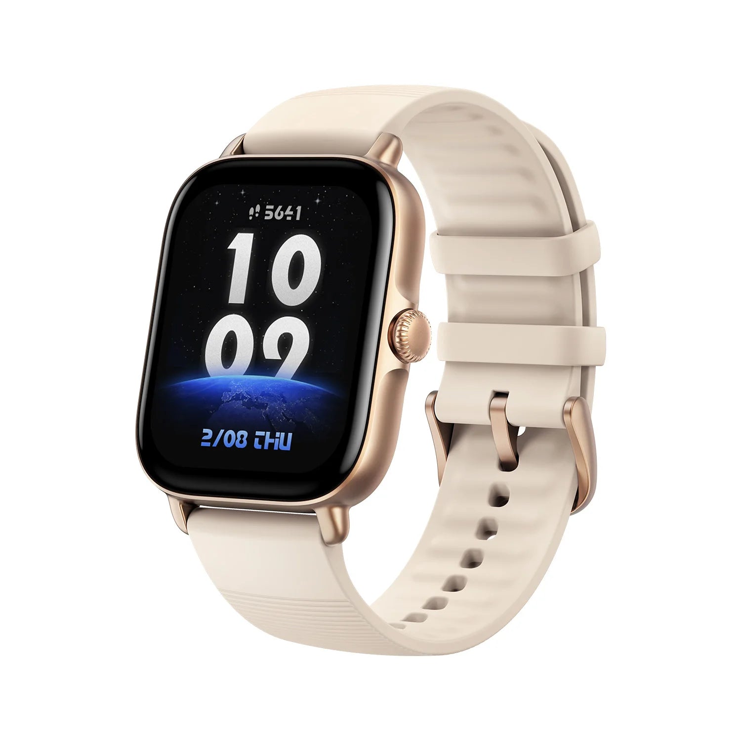 Montre connectée Amazfit GTS 4 Mini avec écran AMOLED 1.75'', bracelet blanc et design élégant.