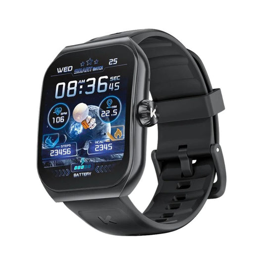 Montre connectée KUMI KU7 avec écran AMOLED 1.96'', représentation de l'interface sportive et design élégant.