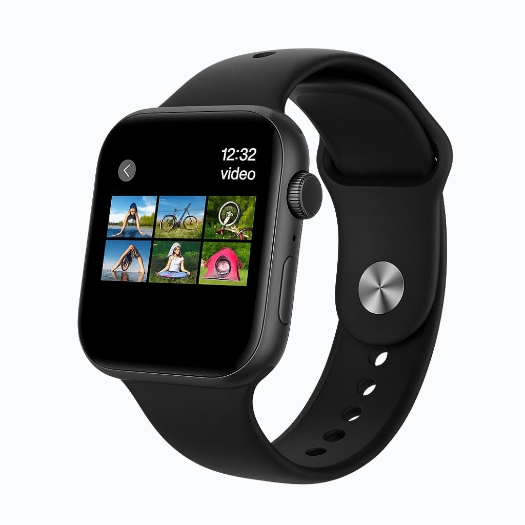 Montre Connectée Apple DT Watch X Mini affichant des vidéos à l'écran AMOLED, design moderne en noir.