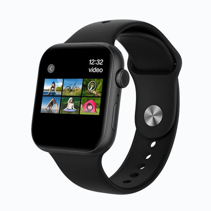 Montre Connectée Apple DT Watch X Mini affichant des vidéos à l'écran AMOLED, design moderne en noir.
