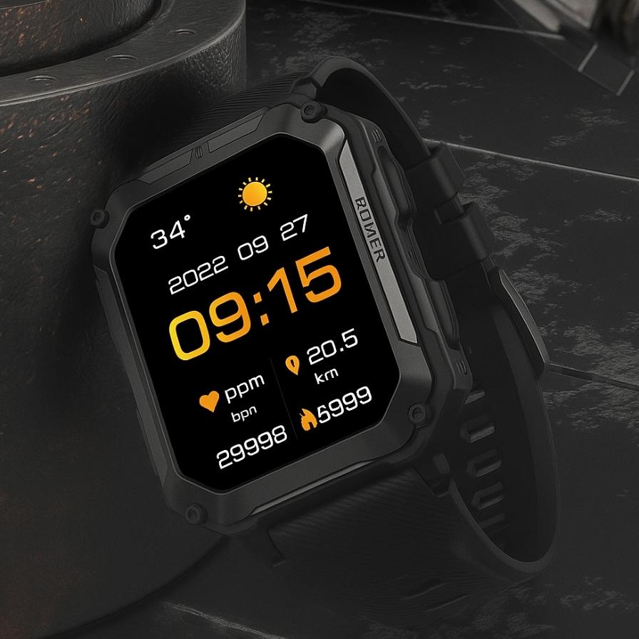 Montre connectée C20 Pro affichant l'heure et des statistiques de santé en mode sportif.