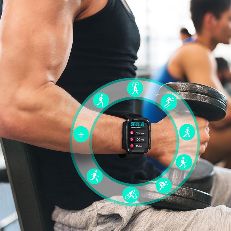 Montre connectée C20 Pro sur le poignet d'un homme, affichant des données de fitness pendant un entraînement.