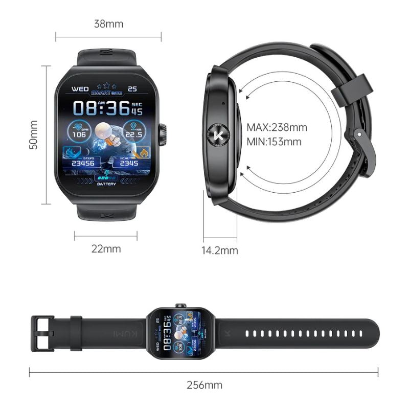 Montre connectée KUMI KU7 - design avec écran AMOLED, dimensions 50x38mm, suivi d'activités sportives.