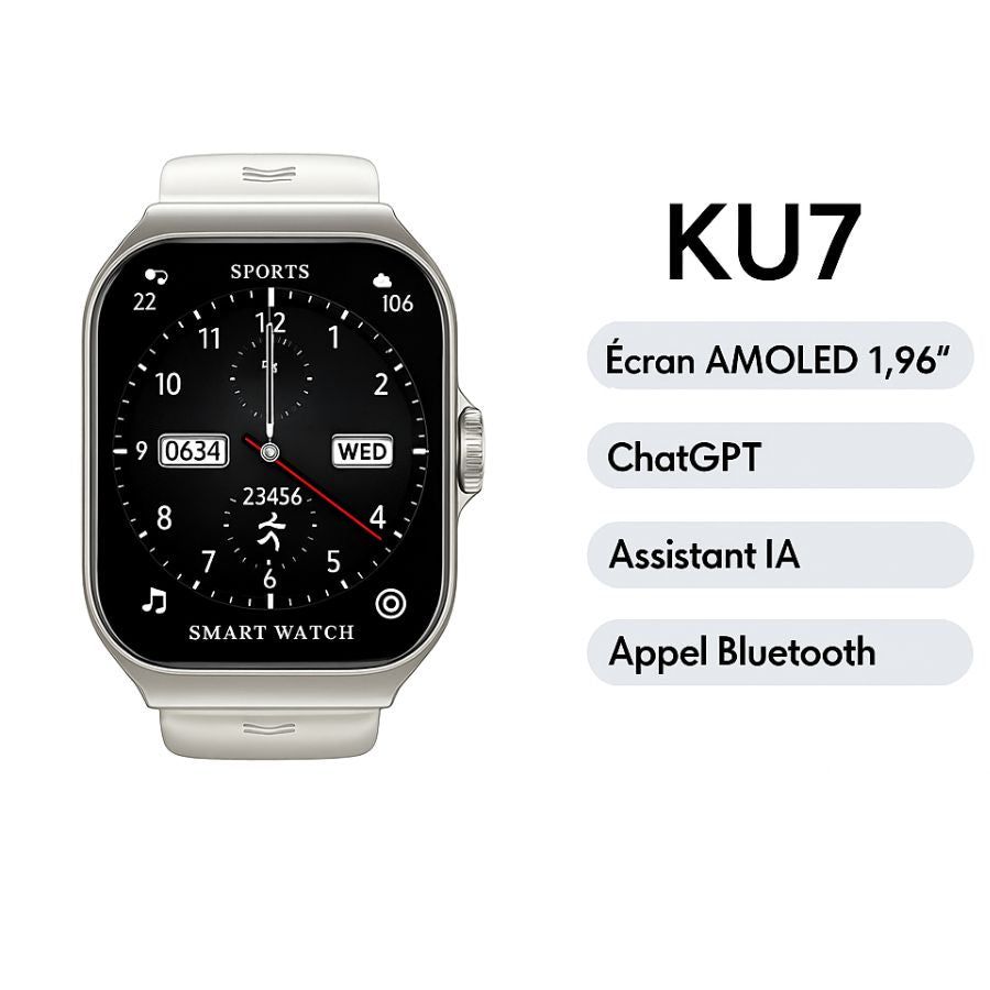 montre connectée KUMI KU7 avec écran AMOLED de 1,96”, fonctionnalités Bluetooth et assistant IA.